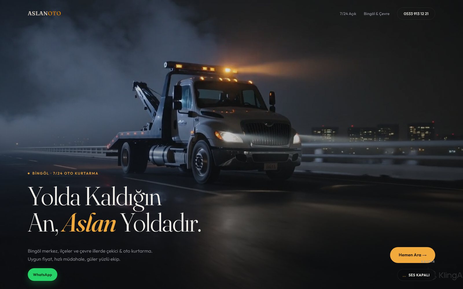 Aslan Oto Kurtarma için 7/24 çağrı odaklı olarak kurgulanan web sitesi