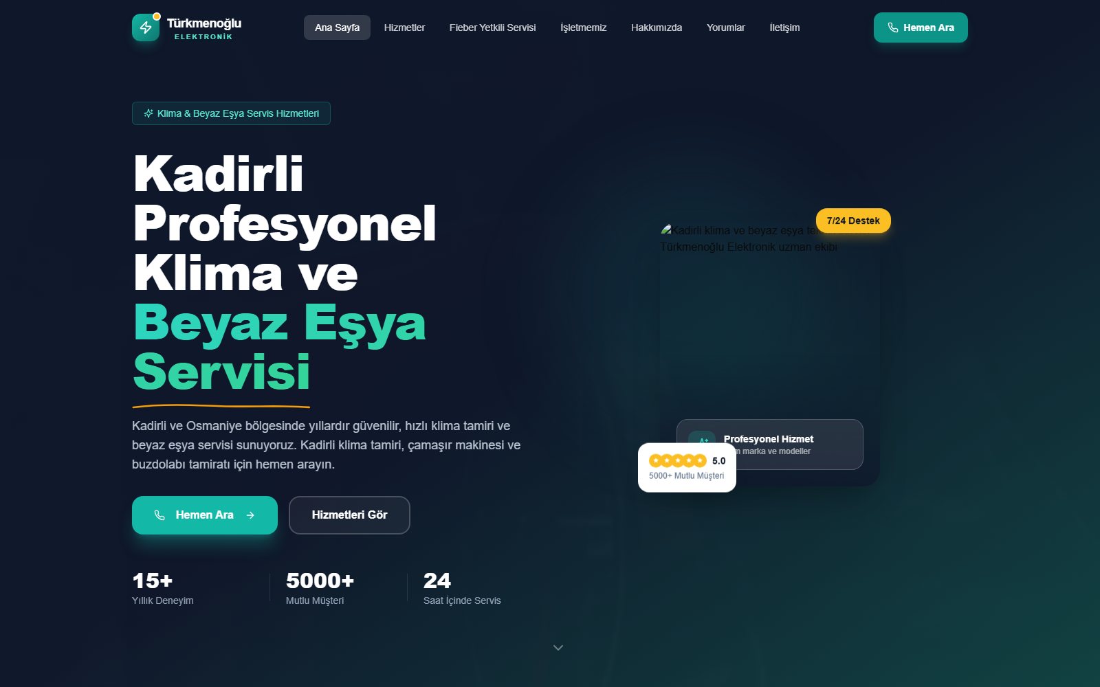 Türkmenoğlu Elektronik klima ve beyaz eşya servisi için geliştirilen yerel hizmet sitesi
