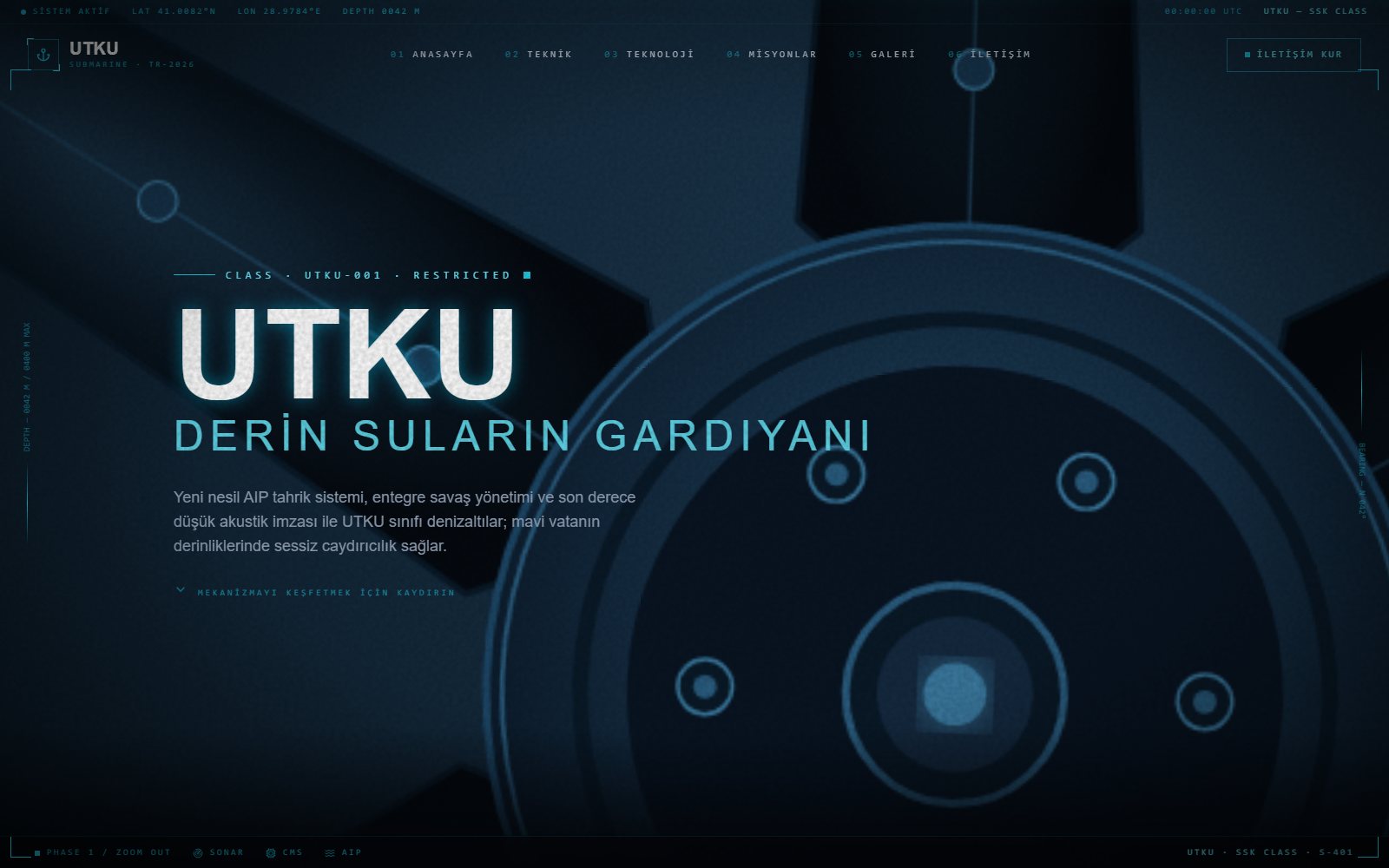 UTKU denizaltı savaş yönetim sistemi tanıtım sitesinin HUD arayüzlü ekranı