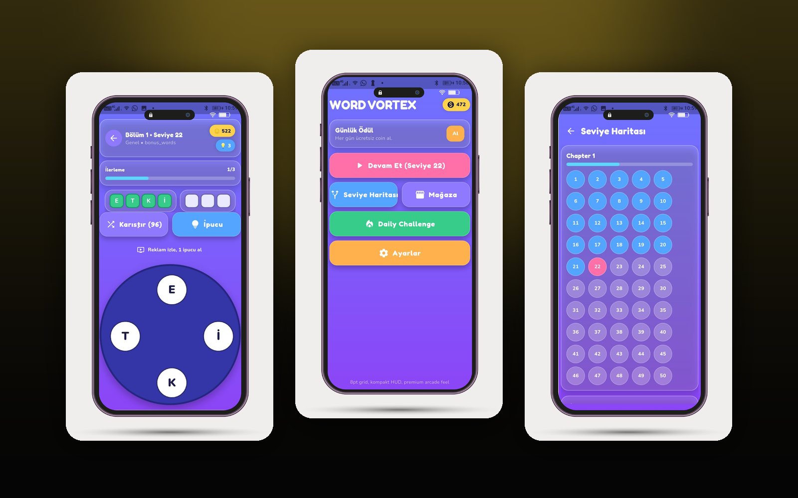 Word Vortex kelime oyunu uygulamasının bölüm ve oyun ekranları